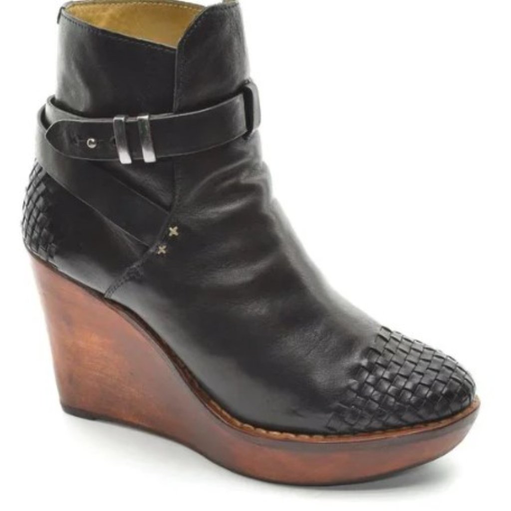 Rag & Bone Black Leather Basket Weave Emery Wedge Ankle Boot